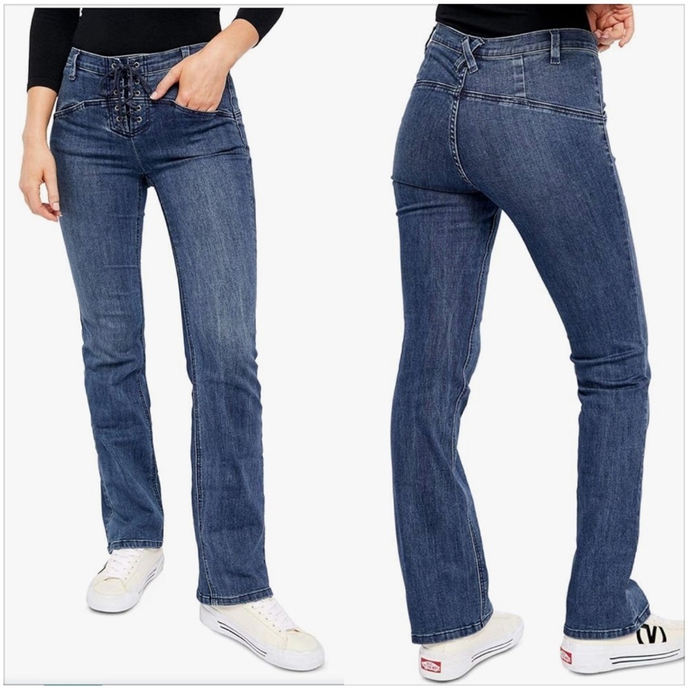 Free People Women's Eva Lace-Up Bootcut Jeans in Baltic Blue (24)